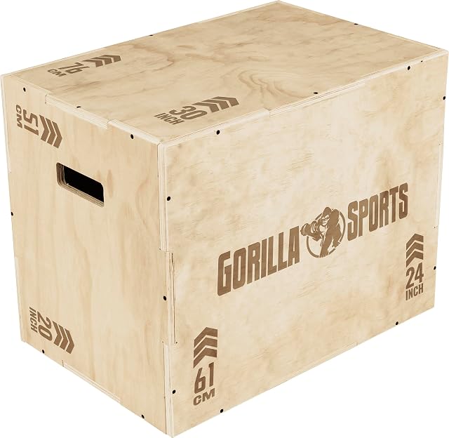 GORILLA SPORTS pale pine-faced plyo box, chevrons marking 51 CM, 61 CM and 76 CM on three faces