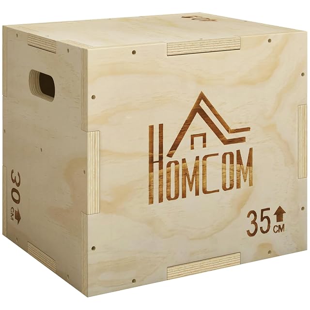HOMCOM 3-in-1 wooden plyo box in solid beech with cut-out handles