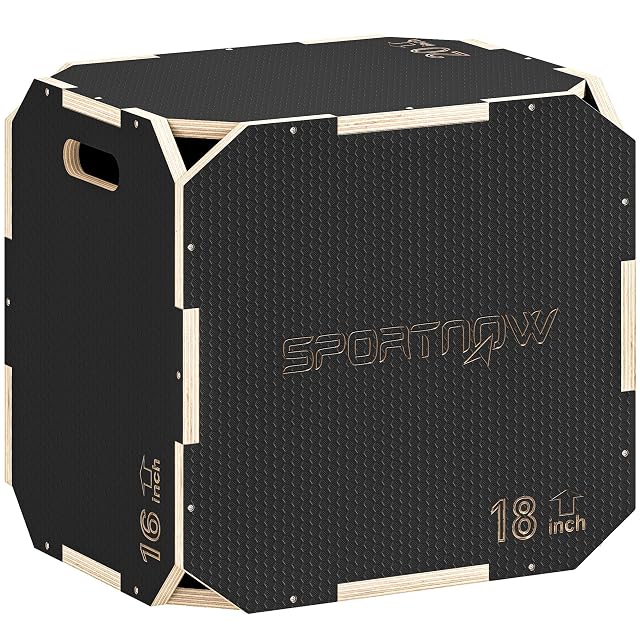 SPORTNOW plyo box faced in black honeycomb grip with pale ply edges, marked 16 inch and 18 inch