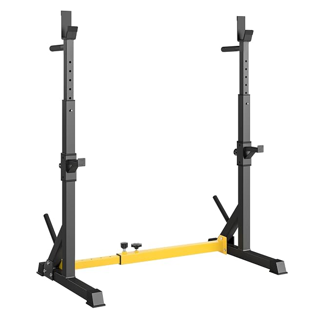LIFERUN yellow and black adjustable squat rack with safety supports