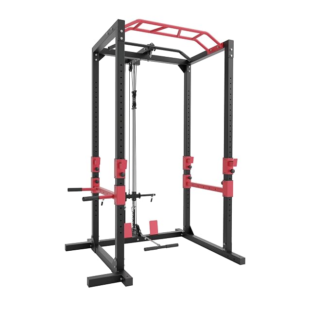 Ultrasport black and red power rack with pull-up bar, dip stands and lat pulldown extension