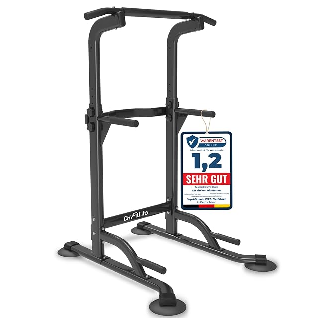 DH FitLife free-standing power tower on four disc feet, a Warentest Online 1,2 placard tied to the frame