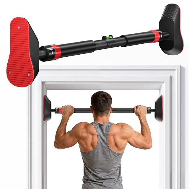 Fokky black telescopic doorway bar with large red ribbed bearing plates and a spirit level on the tube