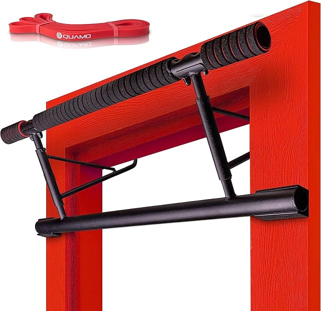 QUAMO by LAVUR doorway pull-up bar with foam grips and a resistance band