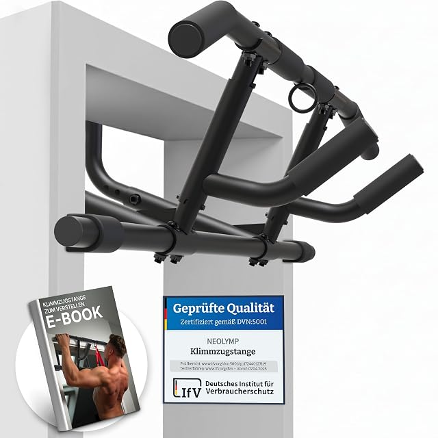 NEOLYMP PUB650 black doorway bar hooked over a frame, beside an IfV certified-quality card and an e-book