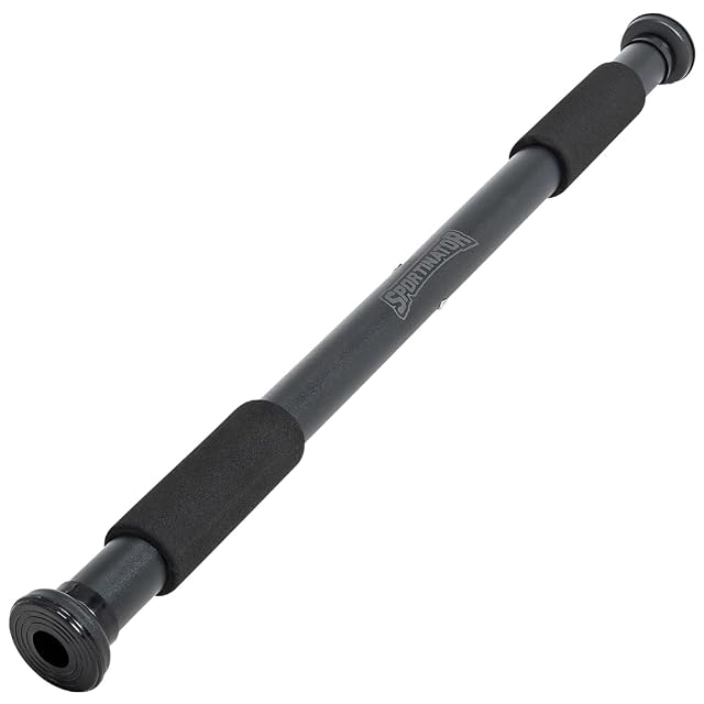 SPORTINATOR grey telescopic doorway bar with a black foam sleeve towards each end and ribbed end caps