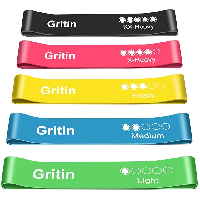 Five Gritin loop bands stacked in black, pink, yellow, blue and green, each printed with filled level dots