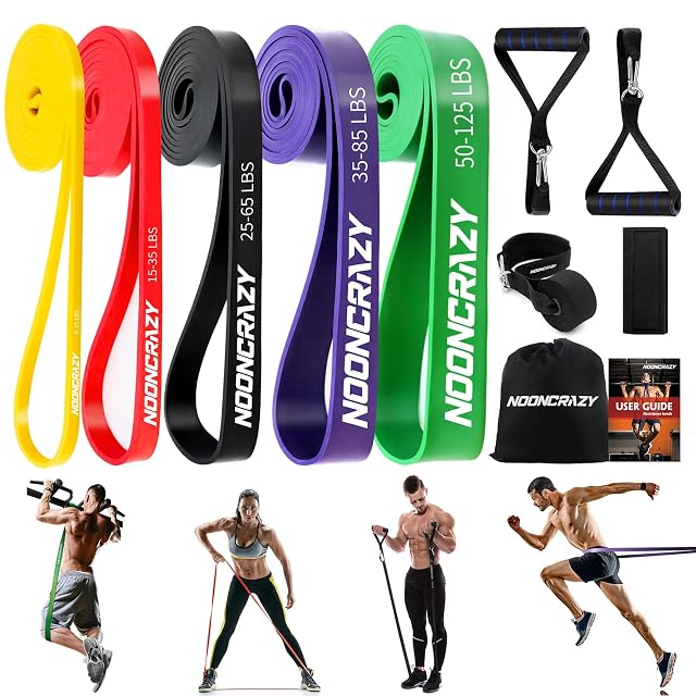 nooncrazy five flat loop bands printed with pound ranges, plus handles, ankle strap, anchor, bag and guide