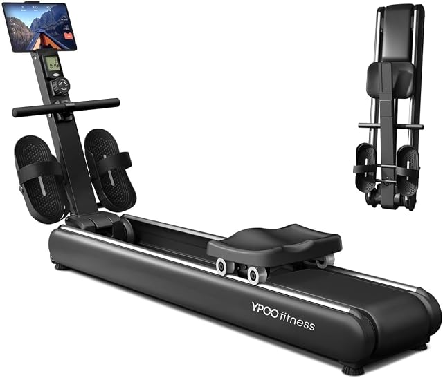 YPOO RM910 magnetic rowing machine with dual slide rails and an LCD monitor