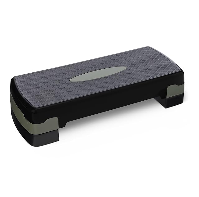 Amazon Basics black and grey adjustable aerobic step board with stackable risers
