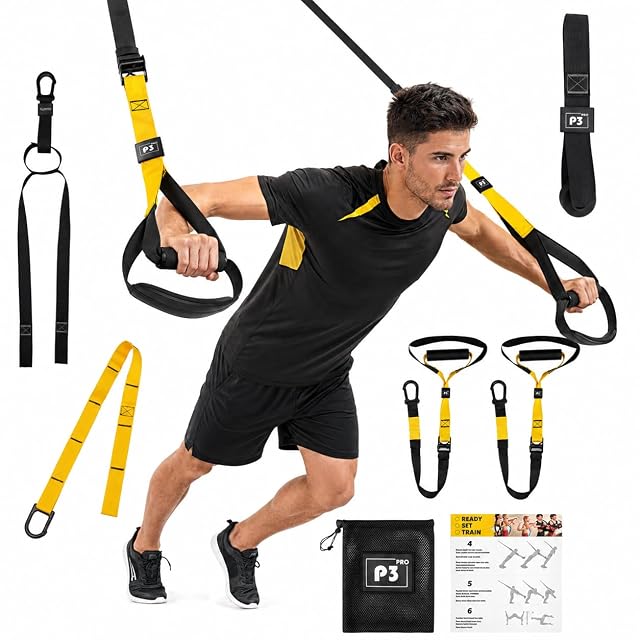 Black and yellow sling trainer set stamped P3, with door anchor, tube handles, guide card and mesh bag