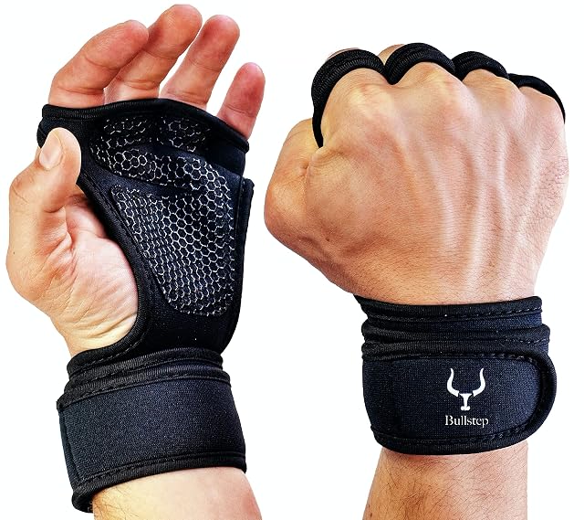 Bullstep black gym gloves with open fingers and an integrated wrist band