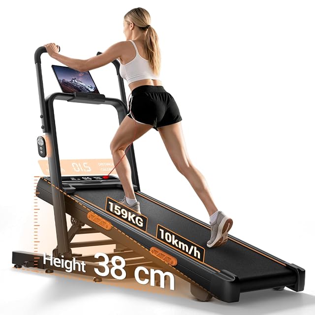 LONTEK folding treadmill with steep incline and tall upright handrails
