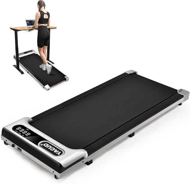 Yagud flat under-desk walking pad, silver side rails and a four-digit LED panel at the front edge
