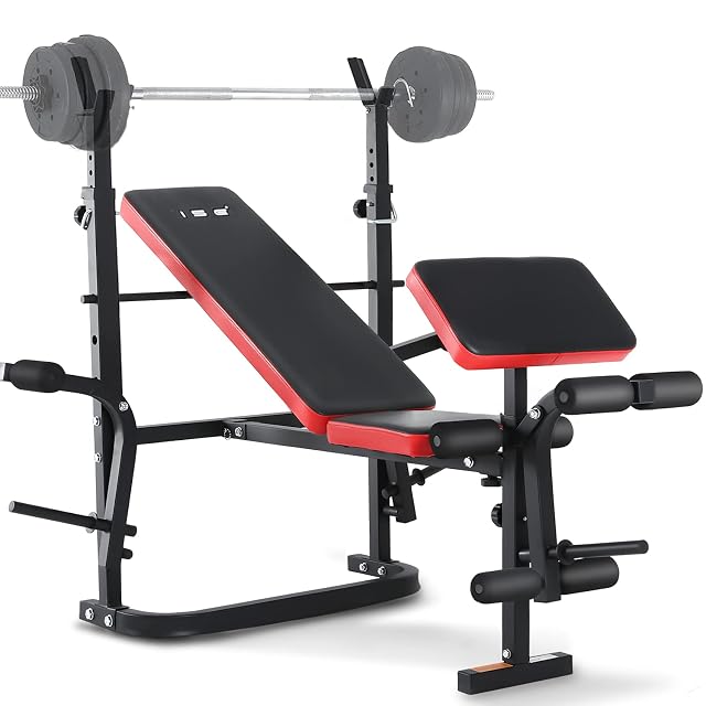 ISE SY-5430B red and black multifunction weight bench with butterfly arms and leg curler