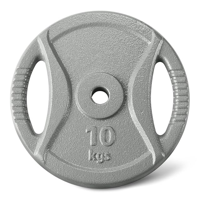 Amazon Basics grey cast iron plate marked 10 kgs, two ribbed hand holes either side of the bore