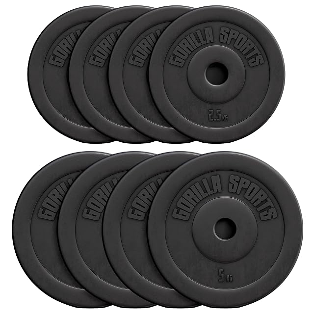 GORILLA SPORTS black plastic weight plates in several sizes with 30 mm bores
