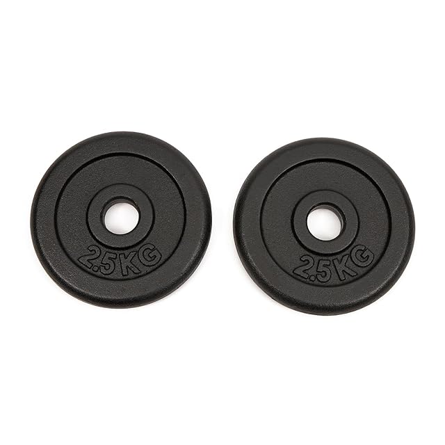 Two WORQOUT black cast iron weight plates of 2.5 kg with a 30 mm centre bore