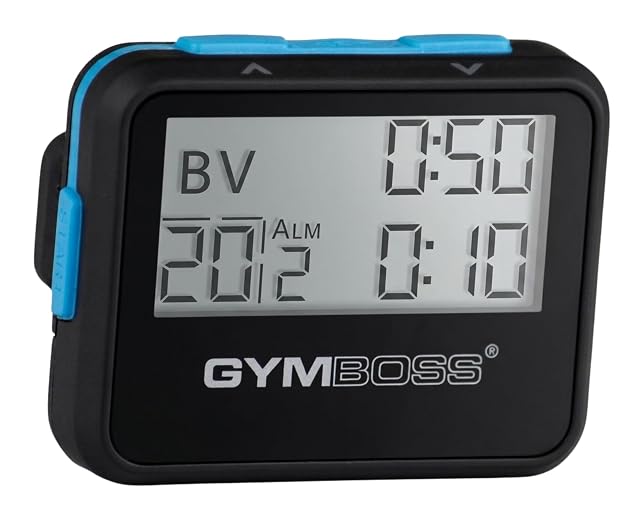 Gymboss black and blue interval timer with a belt clip