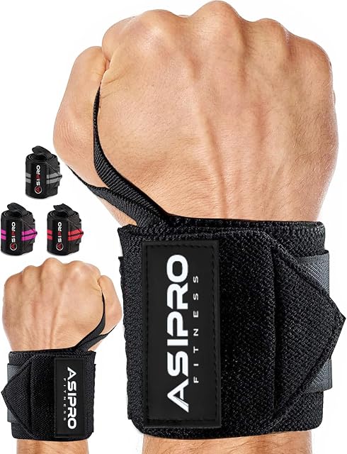 ASIPRO pair of black wrist wraps with thumb loops and hook-and-loop closures