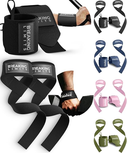 Breaking Limits set of black wrist wraps and lifting straps