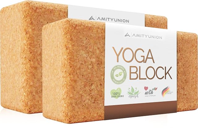 Two AMITYUNION cork blocks under one paper band reading Yoga Block, organic and Made in Portugal