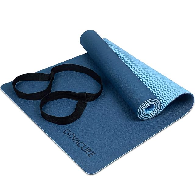 COVACURE TPE yoga mat with a wave-textured underside and carrying strap