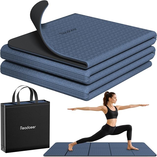 Readaeer blue and black foldable TPE yoga mat with a storage bag