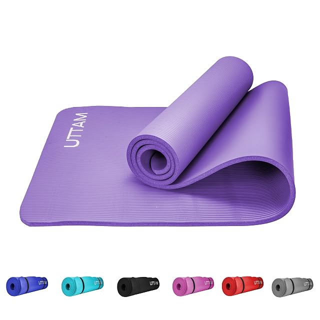 UTTAM purple extra-thick foam yoga mat rolled with a travel strap