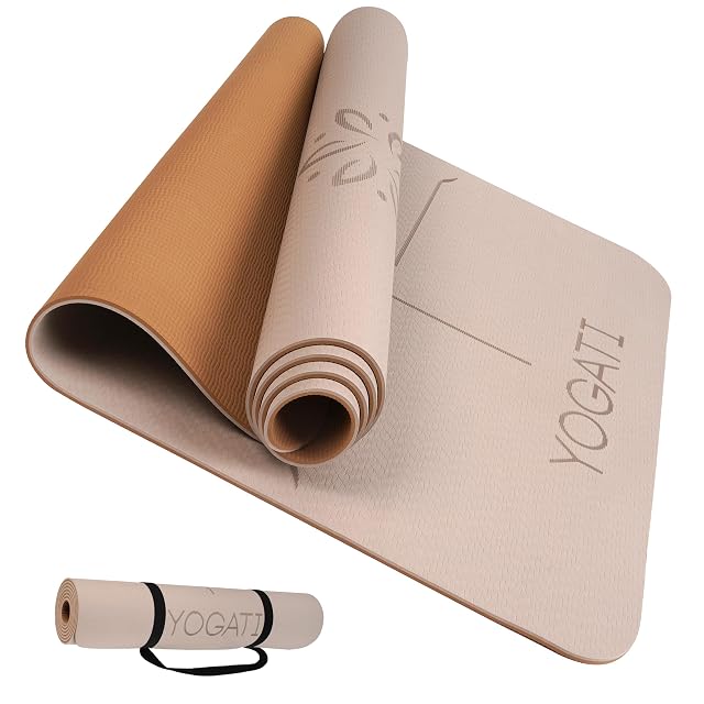 YOGATI yoga mat printed with body alignment lines and a carrying strap
